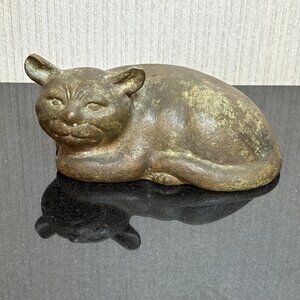 Bronze Chinese Cat Figure Han Style Recumbent Kitten Statue Patinaed Sculpture